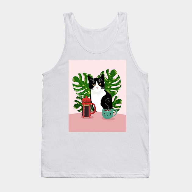 Tuxie Cat and Coffee Tank Top by KilkennyCat Art